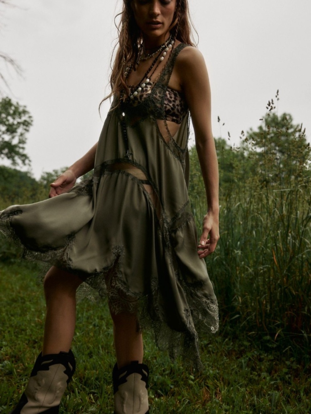 Free People Intimately Lace-Trim Olive Green Sundress with Suede Tote